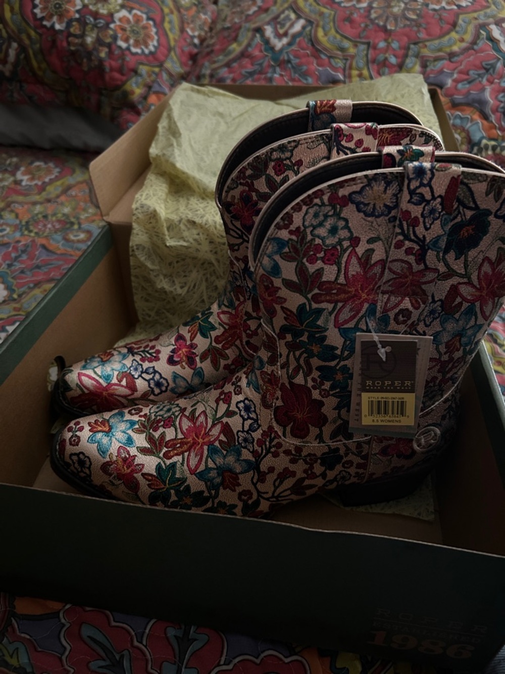 Roper Floral Western Boots in Cream with Pink, Teal & Red Accents